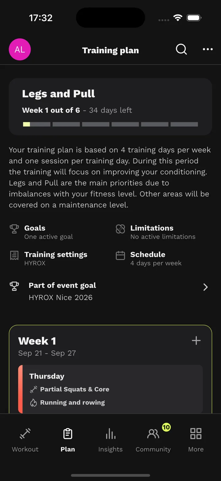 Your training plan in the app: the block, the week and the days left to your race.