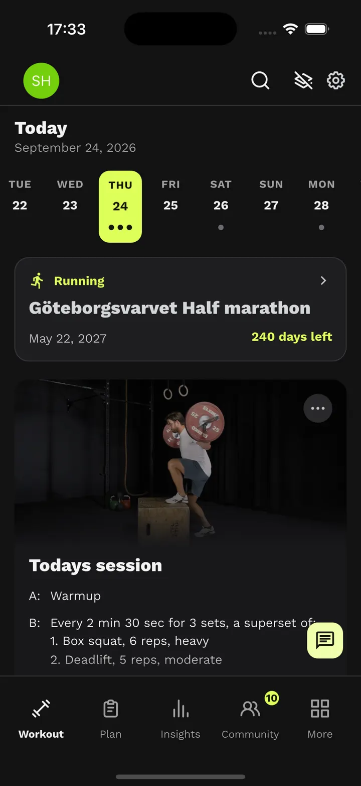 Today in the app: the next race with the days left and today's session.